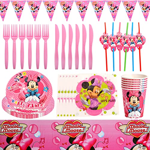 fiestas de cumpleaños infantiles, Babioms Juego de 42 piezas para fiesta de Minnie – Platos, vasos, servilletas, mantel, banderines y bolsas de fiesta para 6 niños