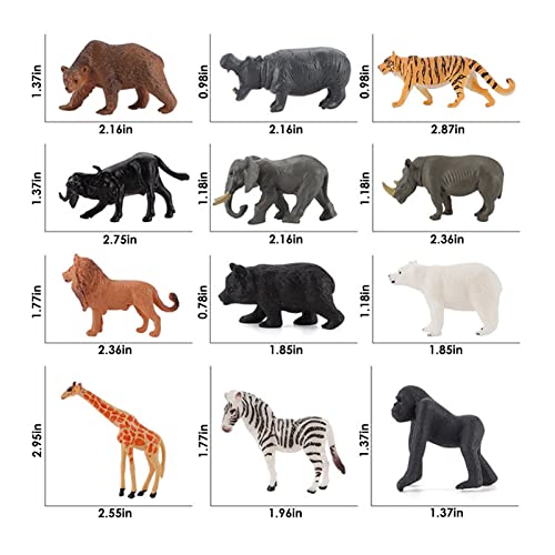 Figuras de animales del bosque, 12 piezas de animales realistas del bosque con jirafa, hipopótamo, elefante, rinoceronte, león, orangután, tigre, mini figuras de animales de juguete para niños decor