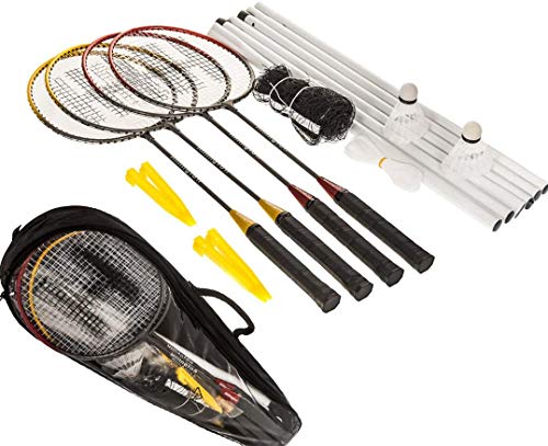 FiNeWaY Juego de 4 jugadores de badminton con bastones de raquetas y red para exteriores con bolsa de transporte