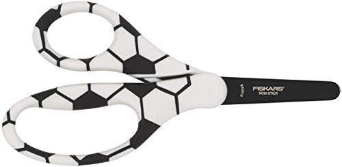 Fiskars Tijeras infantiles con motivos de fútbol, A partir de los 6 años, Longitud: 13 cm, para diestros y zurdos, Hoja de acero inoxidable/Mangos de plástico, Blanco/Negro, 1023913