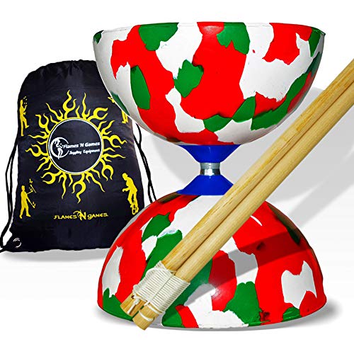 Flames N Games Juggle Dream Jester Diabolo con Palos de Madera, Diablo Cuerda Bolsa de Viaje. (Rojo/Blanco/Verde)