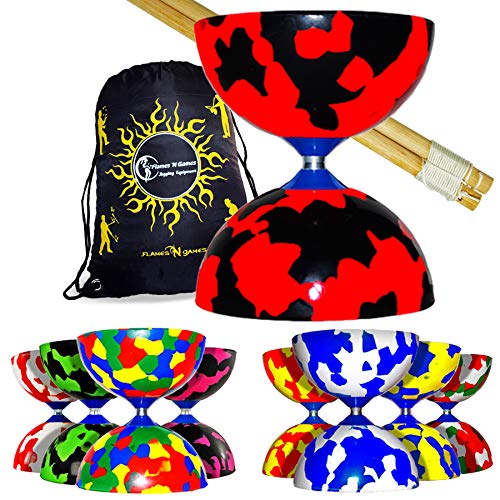 Flames N Games Juggle Dream Jester Diabolo con Palos de Madera, Diablo Cuerda Bolsa de Viaje. (Rojo/Blanco/Verde)