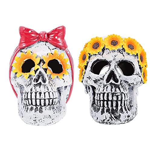 FOMIYES 2 estatuas de calavera de Halloween de resina de girasol cráneo estatua esqueleto calavera figura Halloween Prop para decoraciones del hogar