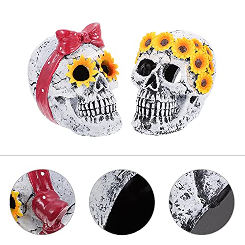 FOMIYES 2 estatuas de calavera de Halloween de resina de girasol cráneo estatua esqueleto calavera figura Halloween Prop para decoraciones del hogar