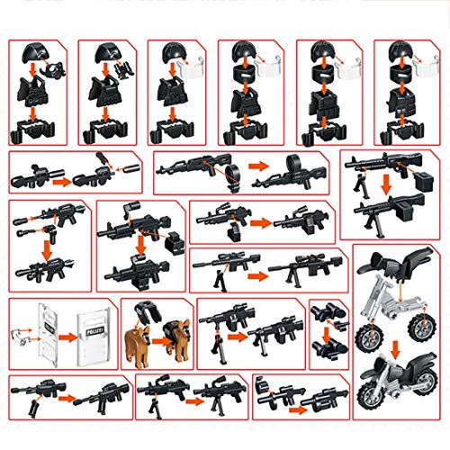 Foxom Casco de juguete militario, chaleco, perro de policía, coche de policía, juego de armas para soldados, minifiguras de policía SWAT, compatible con Lego