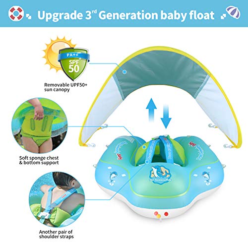 Free Swimming Baby Flotador inflable de natación para bebés con soporte inferior seguro y toldo retráctil de tela para nadar más seguros (actualización, S)