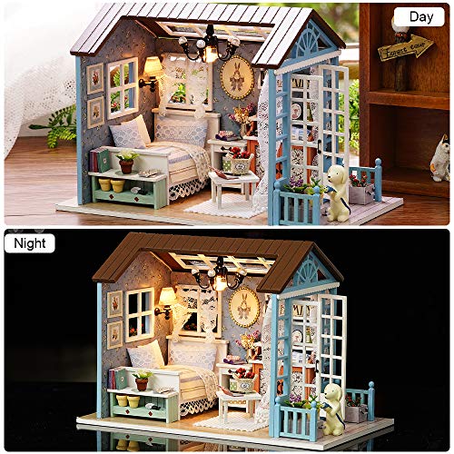 Fsolis Casa de Muñecas en Miniatura de Bricolaje con Mueble, Casa en Miniatura de Madera 3D con Cubierta Antipolvo y , Kit de Regalo Creativo de Casas para Muñecas