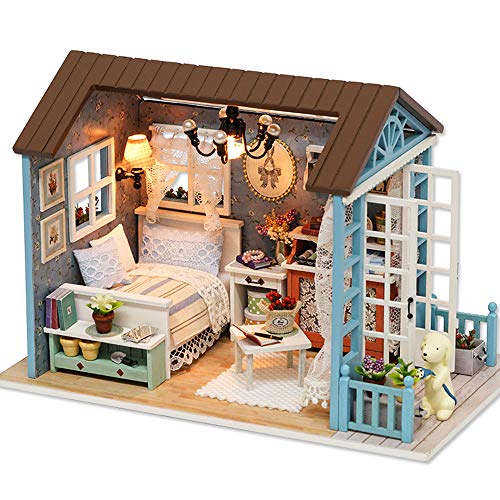 Fsolis Casa de Muñecas en Miniatura de Bricolaje con Mueble, Casa en Miniatura de Madera 3D con Cubierta Antipolvo y , Kit de Regalo Creativo de Casas para Muñecas