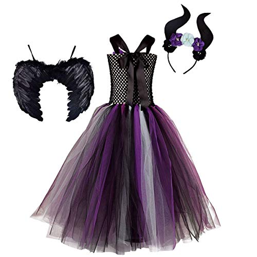 FYMNSI Disfraz de Niña Maléfica Reina Malvada Maleficent Halloween Costume Tutu Vestido de Bruja con Diadema de Cuernos Alas de Angel Conjunto Carnaval Fiesta de Cosplay Disfraces 9-10 Años