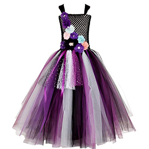 FYMNSI Disfraz de Niña Maléfica Reina Malvada Maleficent Halloween Costume Tutu Vestido de Bruja con Diadema de Cuernos Alas de Angel Conjunto Carnaval Fiesta de Cosplay Disfraces 9-10 Años