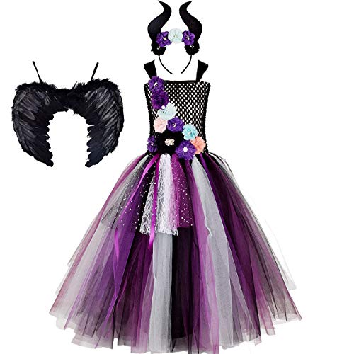 FYMNSI Disfraz de Niña Maléfica Reina Malvada Maleficent Halloween Costume Tutu Vestido de Bruja con Diadema de Cuernos Alas de Angel Conjunto Carnaval Fiesta de Cosplay Disfraces 9-10 Años