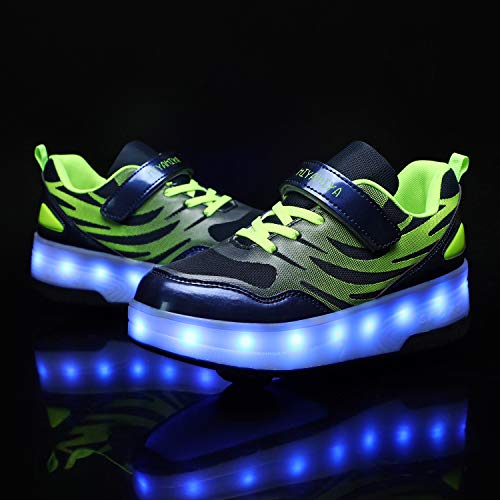 FZ FUTURE Zapatillas con Ruedas Led Luz Automática de Skate Zapatillas, Skate Zapatillas con Ruedas con USB Recargable, para Pequeños Niños y Niña Regalos creativos de Navidad,Verde,35