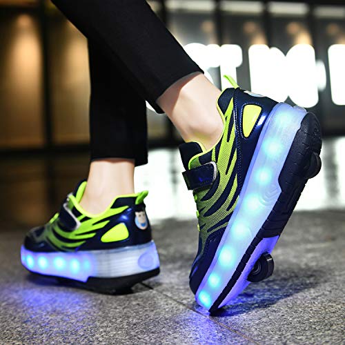 FZ FUTURE Zapatillas con Ruedas Led Luz Automática de Skate Zapatillas, Skate Zapatillas con Ruedas con USB Recargable, para Pequeños Niños y Niña Regalos creativos de Navidad,Verde,35