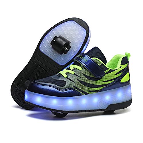 FZ FUTURE Zapatillas con Ruedas Led Luz Automática de Skate Zapatillas, Skate Zapatillas con Ruedas con USB Recargable, para Pequeños Niños y Niña Regalos creativos de Navidad,Verde,35