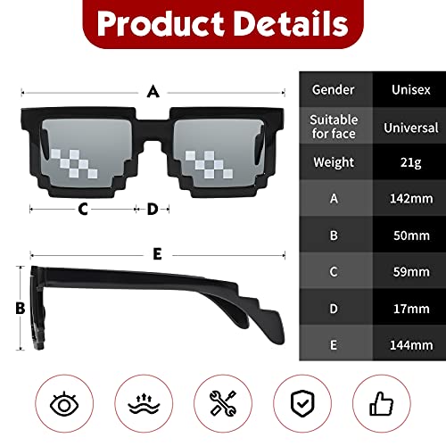 Gafas de Mosaico de Píxeles de 8 bits Gafas de Sol Unisex de Protección UV para Jugador Gafas de Moda de Vida de Gamberro para Hombres Mujeres Niños Foto Props (5,8 x 5,9 x 1,18 Pulgadas)