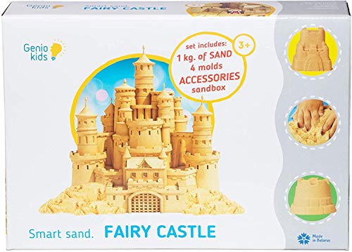 GenioKids Juego de castillo de arena cinética – 1 kg de arena mágica, 8 plastilinas de arena para castillos, accesorios – arena mágica para niños, niñas y niños