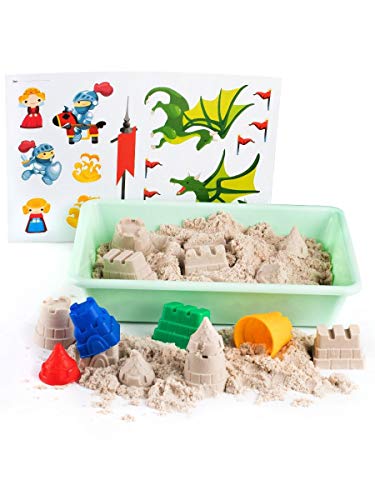 GenioKids Juego de castillo de arena cinética – 1 kg de arena mágica, 8 plastilinas de arena para castillos, accesorios – arena mágica para niños, niñas y niños