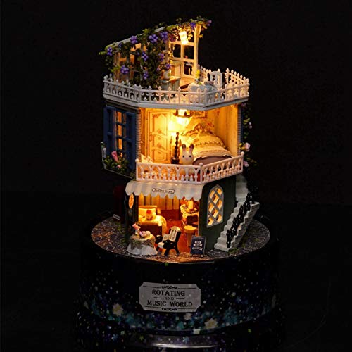 Ginorgee Casa de muñecas DIY Dream House - Casa de muñecas DIY Creativa Casa de ensueño en Miniatura con Caja de música giratoria Cubierta Antipolvo Luz LED