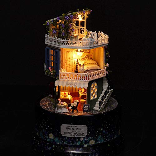 Ginorgee Casa de muñecas DIY Dream House - Casa de muñecas DIY Creativa Casa de ensueño en Miniatura con Caja de música giratoria Cubierta Antipolvo Luz LED