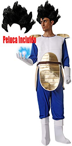 Gojoy Shop- Disfraz Completo de Saiyan Vegeta de Guerrero Z de Dragon Ball para Hombres Carnaval (Contiene Peluca, Mono con Peto, Cubrebotas y Guantes, Talla Unica)