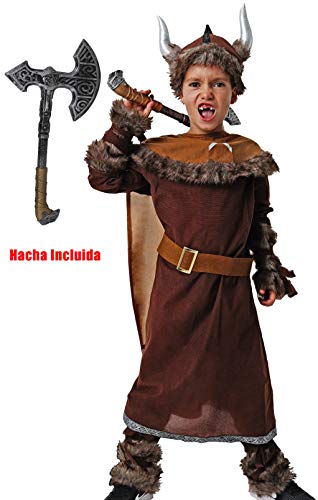 Gojoy Shop- Disfraz de Vikingo para Niño Carnaval (Contiene Capa, Túnica, Cinturón, Casco, Mangas y Calentadores, 4 Tallas Diferentes) (5-6 años)