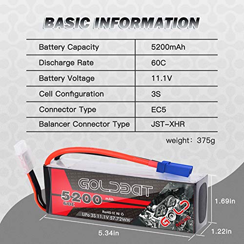 GOLDBAT Batería Lipo 3S 5200mAh 60C 11.1V RC Batería Paquete Suave con Conector EC5 para RC Coche Camión Avión Helicóptero RC Evader Bx Coche Barco Camión RC Quadcopter RC Hobby