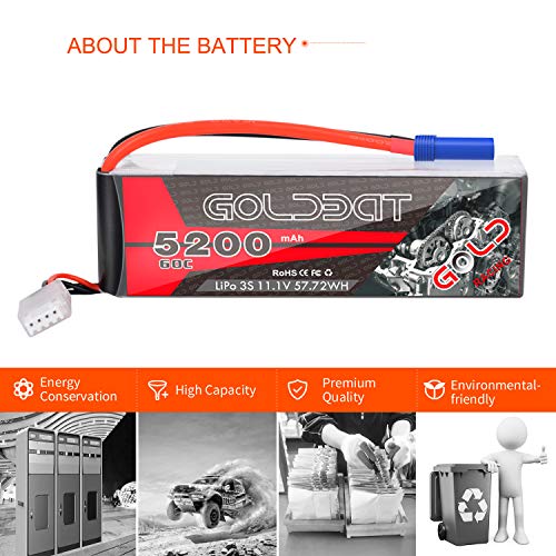 GOLDBAT Batería Lipo 3S 5200mAh 60C 11.1V RC Batería Paquete Suave con Conector EC5 para RC Coche Camión Avión Helicóptero RC Evader Bx Coche Barco Camión RC Quadcopter RC Hobby