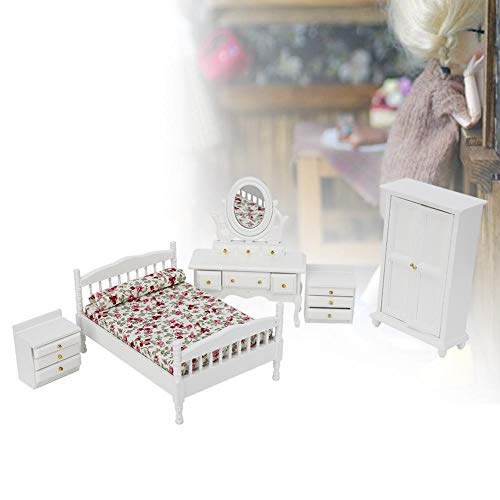 GOTOTOP Juego de Muebles de Dormitorio de casa de muñecas de Madera de 5 Piezas, Cama + Mesa + mesita de Noche + Armario(Blanco)