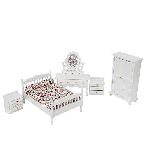 GOTOTOP Juego de Muebles de Dormitorio de casa de muñecas de Madera de 5 Piezas, Cama + Mesa + mesita de Noche + Armario(Blanco)