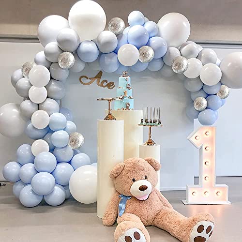 Guirnalda Globos Azules, Kit de Arco de Globo, Macaron Azul Blanco Gris Confeti Globos para Decoracion Baby Shower Niño Cumpleaño Fiesta Decoracion Cumpleaños Boda