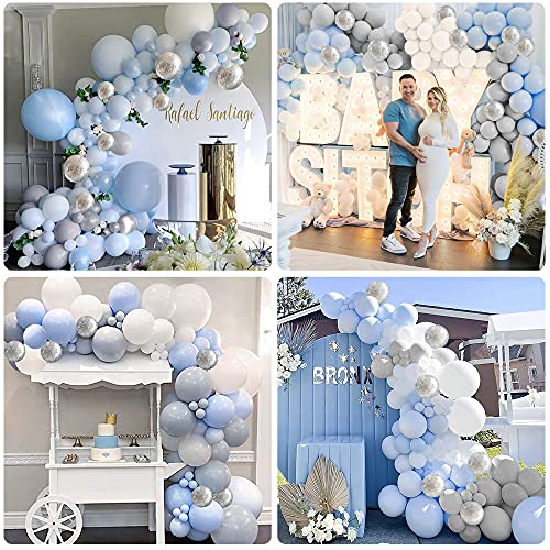 Guirnalda Globos Azules, Kit de Arco de Globo, Macaron Azul Blanco Gris Confeti Globos para Decoracion Baby Shower Niño Cumpleaño Fiesta Decoracion Cumpleaños Boda