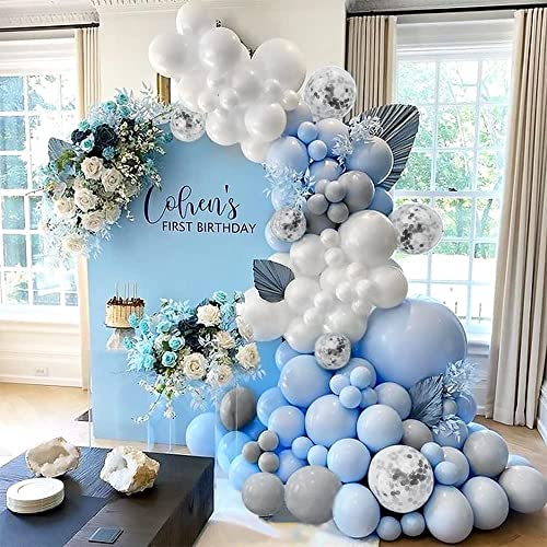 Guirnalda Globos Azules, Kit de Arco de Globo, Macaron Azul Blanco Gris Confeti Globos para Decoracion Baby Shower Niño Cumpleaño Fiesta Decoracion Cumpleaños Boda