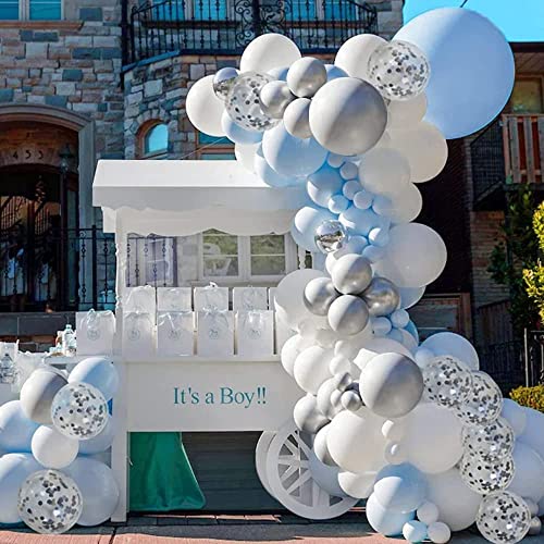 Guirnalda Globos Azules, Kit de Arco de Globo, Macaron Azul Blanco Gris Confeti Globos para Decoracion Baby Shower Niño Cumpleaño Fiesta Decoracion Cumpleaños Boda