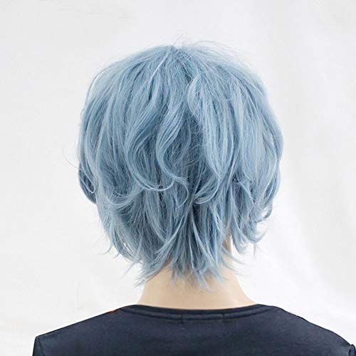 GZIRUE Peluca Rizada Corta Azul Tomura Shigaraki Cosplay Halloween Hombres Anime Fiesta Carnaval Moda Wig con Gorra de Peluca