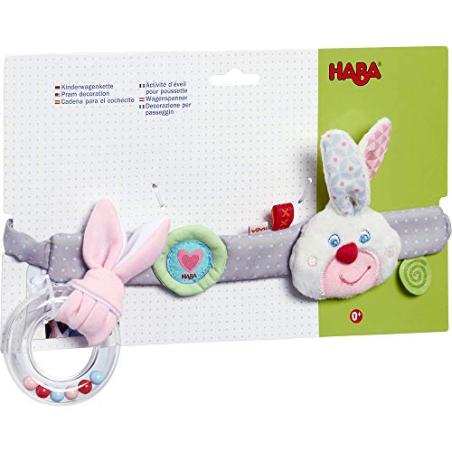 HABA 304772 - Cadena para cochecito de bebé, diseño de corazón brillante, accesorio para cochecito con sonajero y diseño de conejo, juguete para bebés a partir de 0 meses