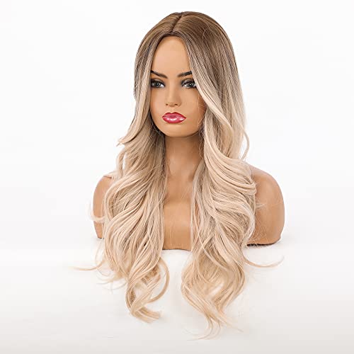 HAIRCUBE Lamera rizada larga Ombre Rubia Rubia Roots a la peluca blanca para las mujeres Party Halloween Cosplay y uso diario