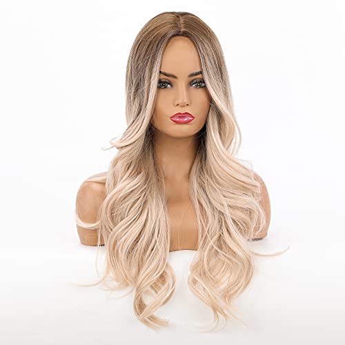 HAIRCUBE Lamera rizada larga Ombre Rubia Rubia Roots a la peluca blanca para las mujeres Party Halloween Cosplay y uso diario