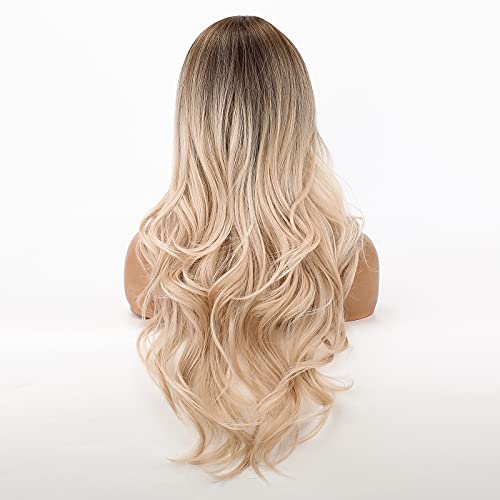 HAIRCUBE Lamera rizada larga Ombre Rubia Rubia Roots a la peluca blanca para las mujeres Party Halloween Cosplay y uso diario