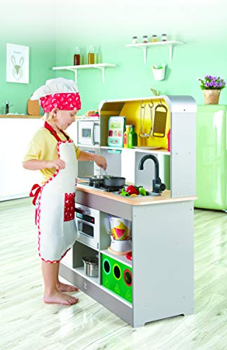 Hape-47033233 Cocina de Juegos de Lujo con microondas, cafetera, frigorífico, Horno, Incluye sartén Divertida con Muchos Accesorios, a Partir de 3 años, Multicolor (6943478032699)