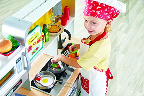 Hape-47033233 Cocina de Juegos de Lujo con microondas, cafetera, frigorífico, Horno, Incluye sartén Divertida con Muchos Accesorios, a Partir de 3 años, Multicolor (6943478032699)