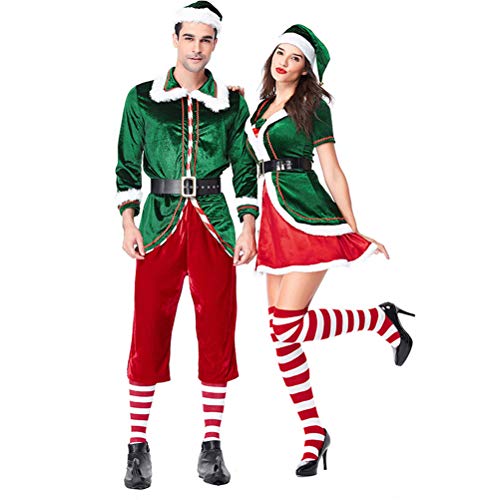 HEITIGN Disfraz de Elfo Navideño, Disfraz de Elfo Navideño Conjunto de Disfraces para Hombres Y Mujeres Adultos, Kit Completo de Disfraces de Cosplay Ropa de Ayudante Navideña de Pareja, Mujer, XL