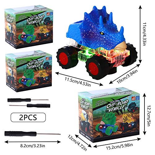 Herefun 2 Piezas Coches de Dinosaurios, Juguete de Vehículos Dinosaurio con Luz LED y Sonido Realista, Juguete de T-Rex y Triceratops para Niños Niñas Regalos de Cumpleaños (Azul - 2pcs)