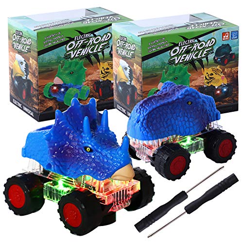 Herefun 2 Piezas Coches de Dinosaurios, Juguete de Vehículos Dinosaurio con Luz LED y Sonido Realista, Juguete de T-Rex y Triceratops para Niños Niñas Regalos de Cumpleaños (Azul - 2pcs)