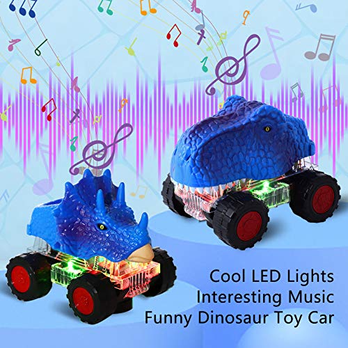 Herefun 2 Piezas Coches de Dinosaurios, Juguete de Vehículos Dinosaurio con Luz LED y Sonido Realista, Juguete de T-Rex y Triceratops para Niños Niñas Regalos de Cumpleaños (Azul - 2pcs)