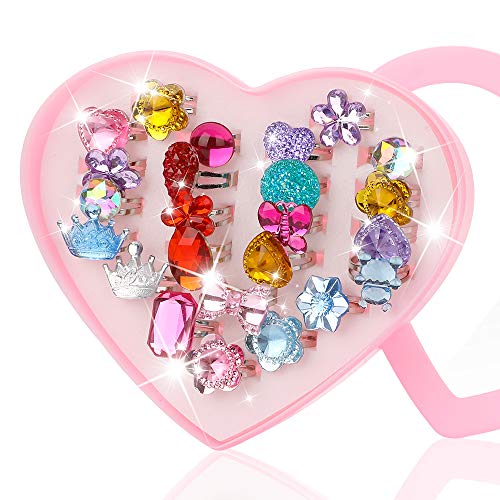 Hifot 24 Piezas Anillos Ajustables para niñas, Princesa Joyas Anillos de Dedo con Caja en Forma de corazón, Niña fingir Jugar y Vestir Anillos para niños niños niñas pequeñas