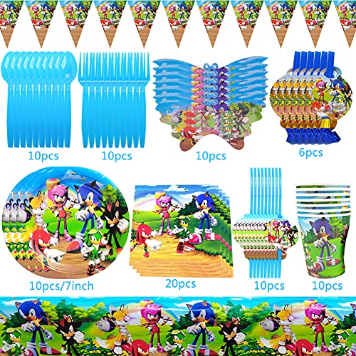 Hilloly 88 pcs Vajilla de Fiesta Hedgehog Party Supplies Juego de Decoración Theme Artículos para Fiesta de Cumpleaños Flatwares Tazas Manteles Servilletas Banderín