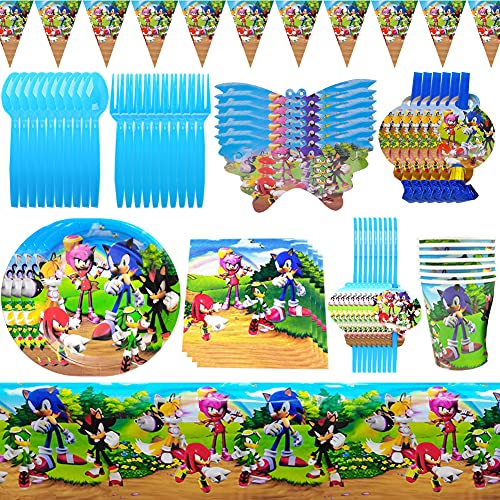 Hilloly 88 pcs Vajilla de Fiesta Hedgehog Party Supplies Juego de Decoración Theme Artículos para Fiesta de Cumpleaños Flatwares Tazas Manteles Servilletas Banderín