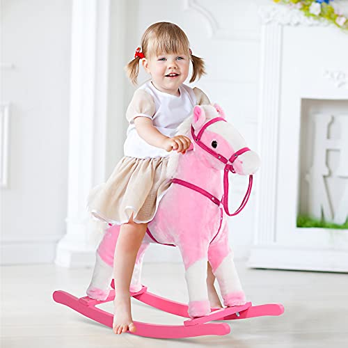 HOMCOM Caballito Balancín Bebé Balancín Peluche Caballo Madera para Niños +3 Años con Sonidos 74x28x65cm