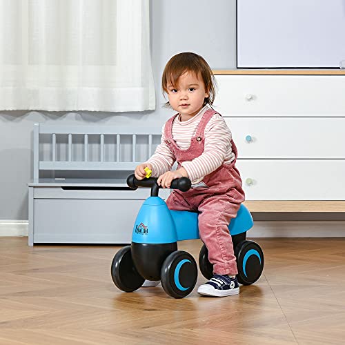 HOMCOM Correpasillos de Equilibrio para Niños Bicicleta sin Pedales Bebés de +18 Meses Altura Asiento de 26 cm con 4 Ruedas y Manillar Regalo de Cumpleaños 54x26x38 cm Azul