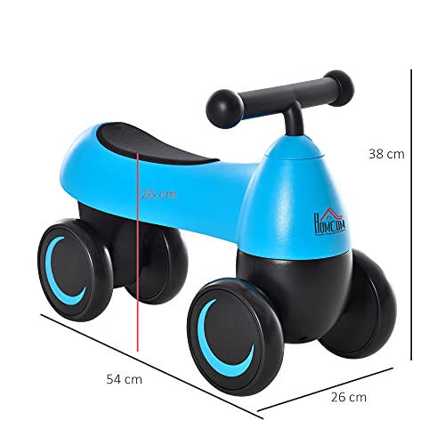 HOMCOM Correpasillos de Equilibrio para Niños Bicicleta sin Pedales Bebés de +18 Meses Altura Asiento de 26 cm con 4 Ruedas y Manillar Regalo de Cumpleaños 54x26x38 cm Azul